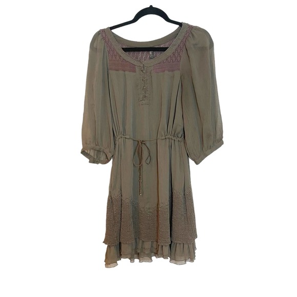 Free People Dresses & Skirts - Free People Tie Waist Sheath Dress Balloon Sleeve Olive Women's Size Large